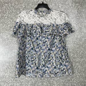 Belle & Skye Women’s Blue Floral Lace Yoke Prairie Top - Size XL - Cottagecore